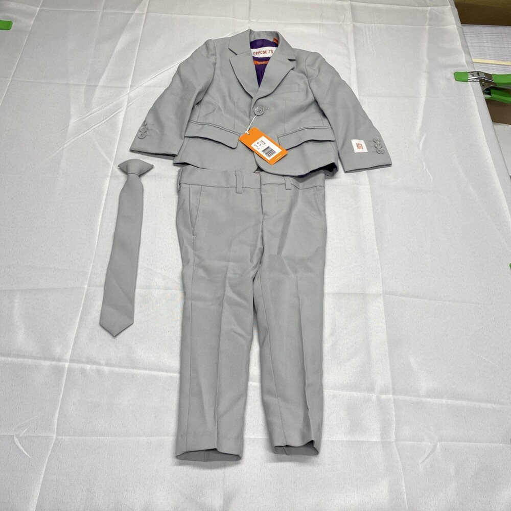 NWT OppoSuits Boys Groovy Grey Solid Formal Suit Set (Jacket, Pants, and Tie) 2T